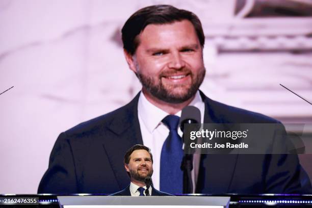 Republican vice presidential candidate, U.S. Sen. J.D. Vance speaks on stage on the third day of the Republican National Convention at the Fiserv...