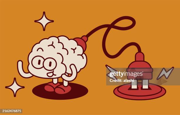 a cute anthropomorphic brain man plugs into an outlet to charge itself - plugging in stock illustrations