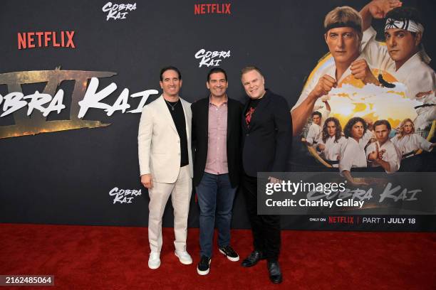 Hayden Schlossberg, Jon Hurwitz, Josh Heald attend Cobra Kai Season 6 Part 1 - Special Fan Event at Autry Museum at Griffith Park on July 17, 2024 in...