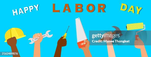 happy labor day, worker hands holding construction working tools on blue background. international labor workers day celebration. hand tools for worker, holiday banner vector illustration - diverse engineers stock illustrations