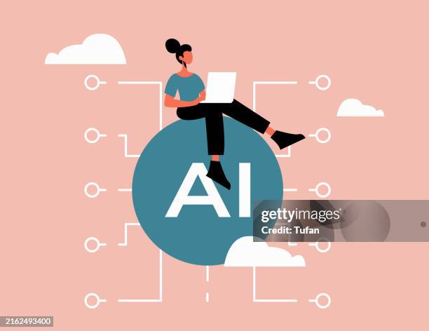 ilustrações de stock, clip art, desenhos animados e ícones de ai artificial intelligence, woman with laptop, digital technology, machine learning concept, ai integration, future technology, innovative solutions, data analysis, tech illustration, artificial intelligence development - jovens estudando