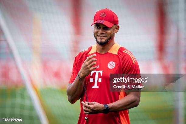 Head coach Vincent Kompany of FC Bayern Muenchen during a training session at Saebener Strasse training ground on July 17, 2024 in Munich, Germany.