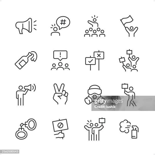 elections & protest - pixel perfect line icon set, editable stroke weight. - gas mask stock illustrations