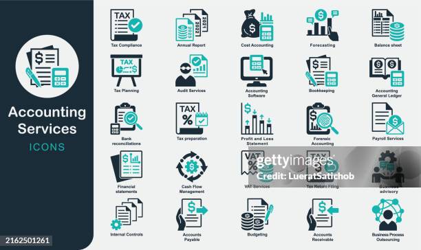 ilustrações de stock, clip art, desenhos animados e ícones de accounting services solid icons collection. bookkeeping, accounts receivable, accounts payable, software, audit, budgeting, tax, costing, balance sheet, profit and loss statement, vat, annual report - relatório financeiro