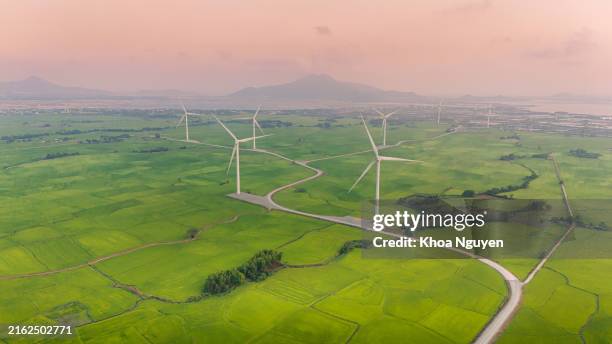 vista de la electricidad de la energía verde de la turbina, molino de viento para la producción de energía eléctrica, turbinas eólicas que generan electricidad en el campo de arroz en phan rang, provincia de ninh thuan, vietnam - ecosistema fotografías e imágenes de stock