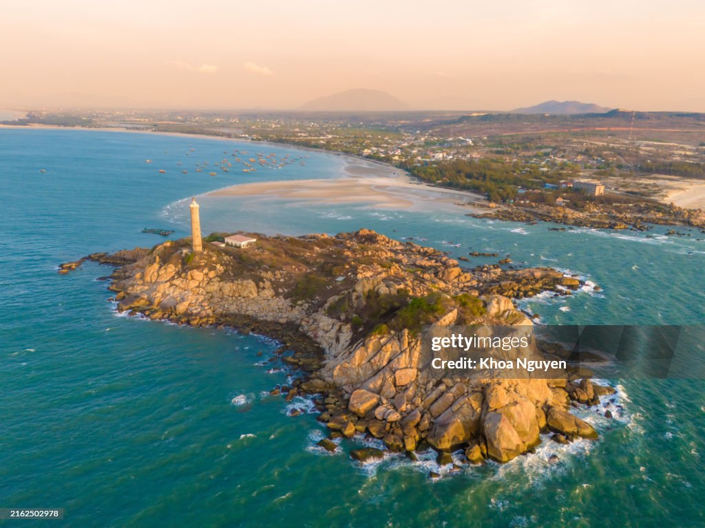 Aerial view of Ke Ga beach at Mui Ne, Phan Thiet, Binh Thuan, Vietnam. Ke Ga Cape or lighthouse is the most favourite destination for visitors.