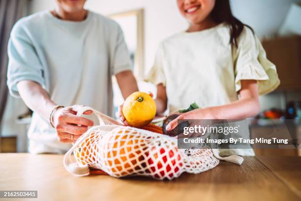 young asian father and teenage daughter unpacking fresh fruits and vegetables from groceries bag together at home - man buying furniture stock pictures, royalty-free photos & images