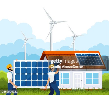 Workers installing a renewable energy panel system on a house roof. Workers installing a renewable energy panel system on a house roof.