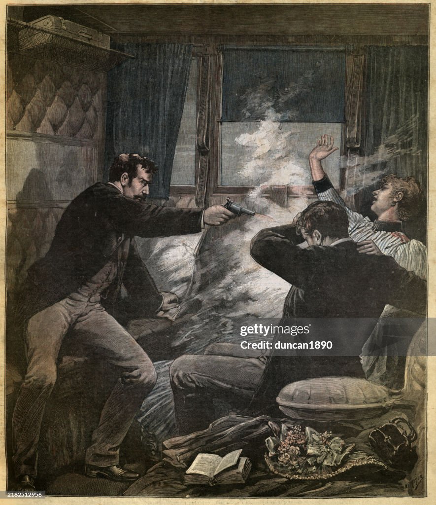 Victorian murder mystery, Death on the railways, Man shooting a couple in a railroad car, Vintage illustration, 1890s, 19th Century
