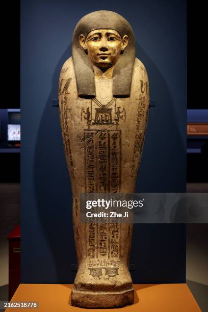 The Anthropoid sarcophagus lid is displayed at the 2024 Shanghai Summer - On Top Of The Pyramid: The Civilization Of Ancient Egypt Exhibition at the...