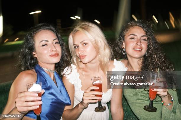 three women are sitting on a grassy area, holding glasses of wine and smiling - season stock pictures, royalty-free photos & images