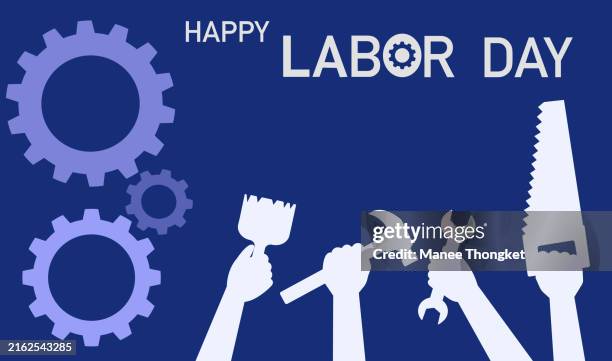 happy labor day silhouette banner vector illustration, worker hands holding construction working tools with engine gear on dark blue background. international labour workers day celebration, hand tools with worker hand. - diverse engineers stock illustrations