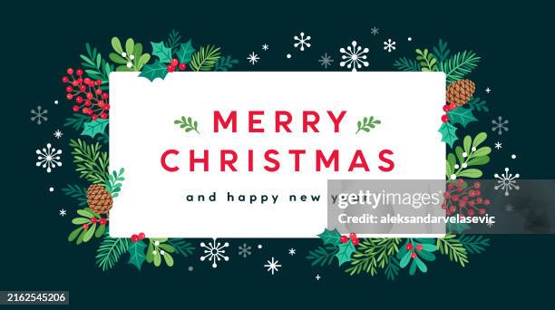 merry christmas greeting card with mistletoe branches, pinecones, holly leaves, berries and snowflakes - christmas border stock illustrations