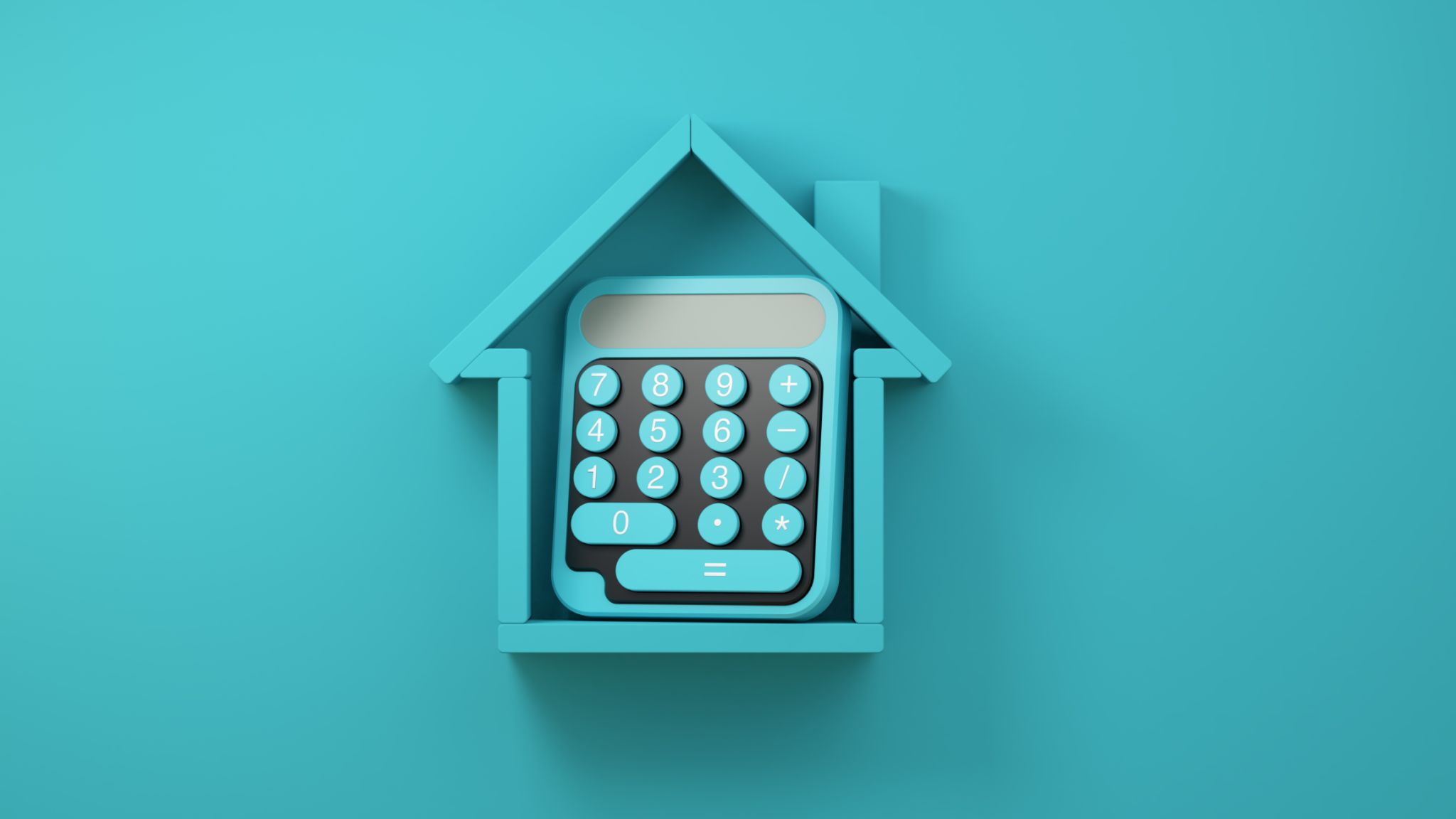 House symbol with calculator, real estate purchase, cost, investment concept. 3D illustration render. House symbol with calculator, real estate purchase, cost, investment concept. 3D illustration render.
