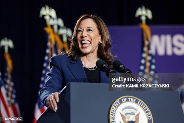 Vice President and Democratic Presidential candidate Kamala Harris speaks at West Allis Central High School during her first campaign rally in...