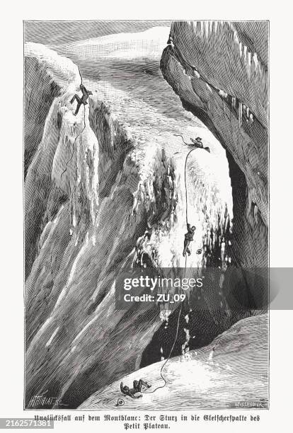 fall on montblanc, august 21, 1891, wood engraving, published 1892 - french alps stock illustrations