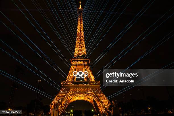 Light shows of the Eiffel Tower are performed during the Paris 2024 Olympics opening ceremony rehearsals, which is to be held on July 26, in Paris,...