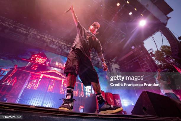 Noyz of Salmo & Noyz performs at the Lucca Summer Festival on July 18, 2024 in Lucca, Italy.
