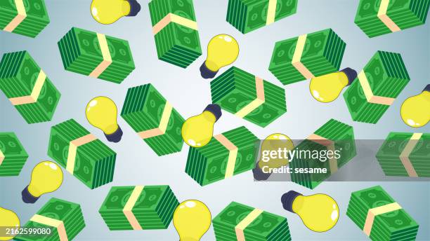 banknotes and light bulbs, money making ideas, profit from creative ideas or investments, falling banknotes with glowing light bulbs in the background - proactive idea stock illustrations