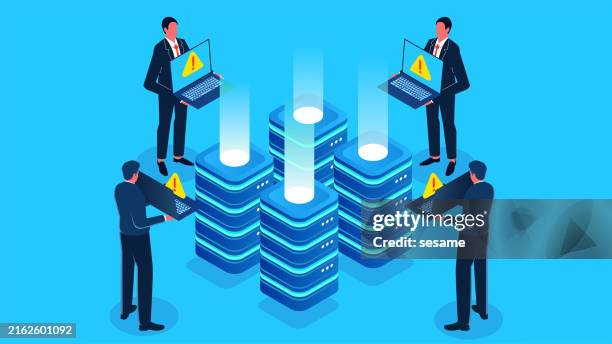 web server failure, network errors, cybersecurity and cybercrime, computer ransomware, security warning, isometric trader takes hazard warning signs for computers standing next to web servers - laptop error stock illustrations