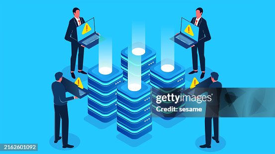 Web Server Failure, Network Errors, Cybersecurity and Cybercrime, Computer Ransomware, Security Warning, Isometric Trader Takes Hazard Warning Signs for Computers Standing Next to Web Servers Web Server Failure, Network Errors, Cybersecurity and Cybercrime, Computer Ransomware, Security Warning, Isometric Trader Takes Hazard Warning Signs for Computers Standing Next to Web Servers