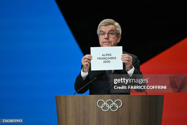 International Olympic Committe President Thomas Bach announces that the French Alps have won the bid for the 2030 Winter Games during the 142nd...