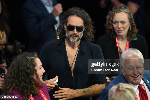 Comedian and actor Russell Brand attends the fourth day of the Republican National Convention at the Fiserv Forum on July 18, 2024 in Milwaukee,...