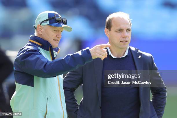 Joe Schmidt, head coach of the Wallabies speaks to Phil Waugh, Rugby Australia CEO during a Wallabies Captain's Run at Allianz Stadium on July 19,...