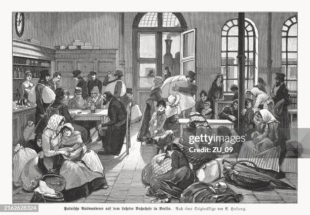polish emigrants in berlin, germany, wood engraving, published in 1892 - berlin hauptbahnhof stock illustrations