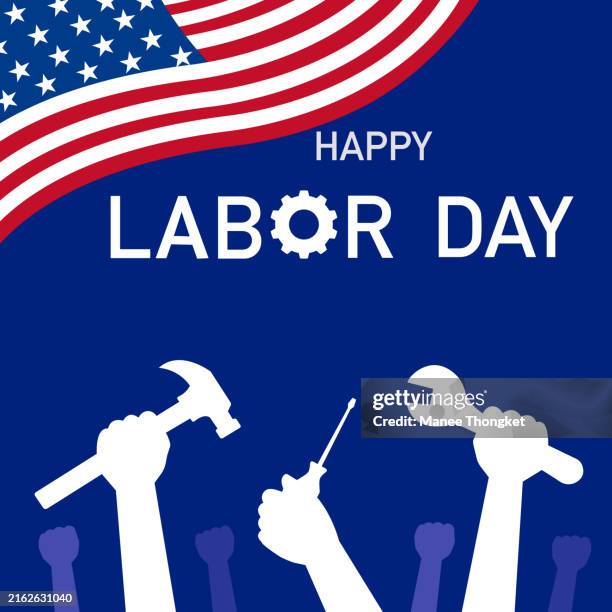 happy labor day silhouette vector illustration, worker hands holding construction working tools with american flag on dark blue background. usa labour workers day celebration, hand tools with worker hand. - diverse engineers stock illustrations