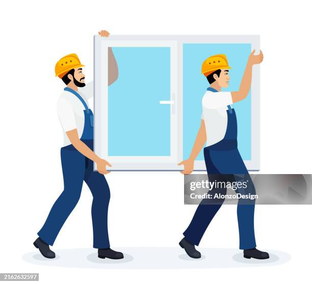two workers carrying a window. - replacement windows stock illustrations