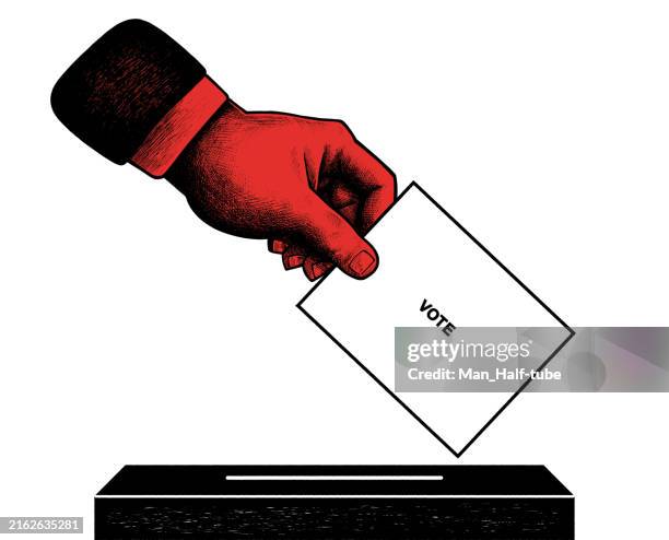 voting, ballot box with person casting vote - ballot slip stock illustrations