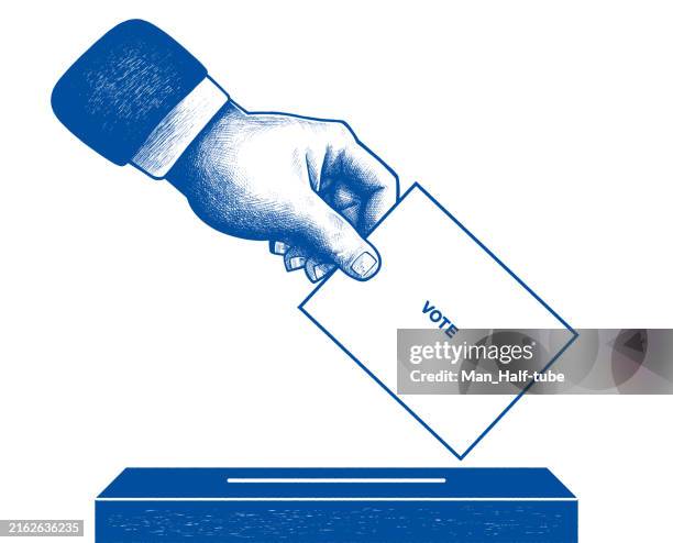 voting, ballot box with person casting vote - voting booth stock illustrations