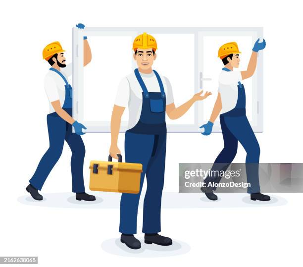 window installation. two workers carrying a window. - window installation stock illustrations