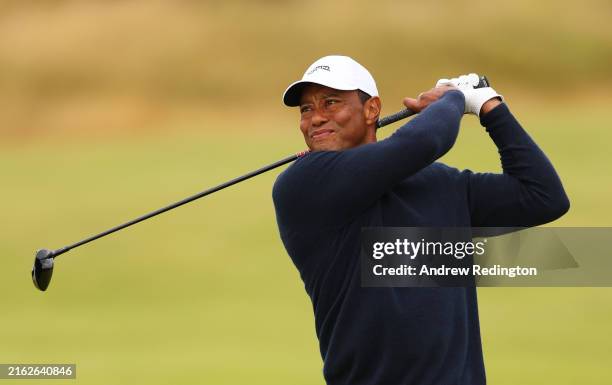 Tiger Woods of the United States plays his second shot on the fourth hole during day two of The 152nd Open championship at Royal Troon on July 19,...