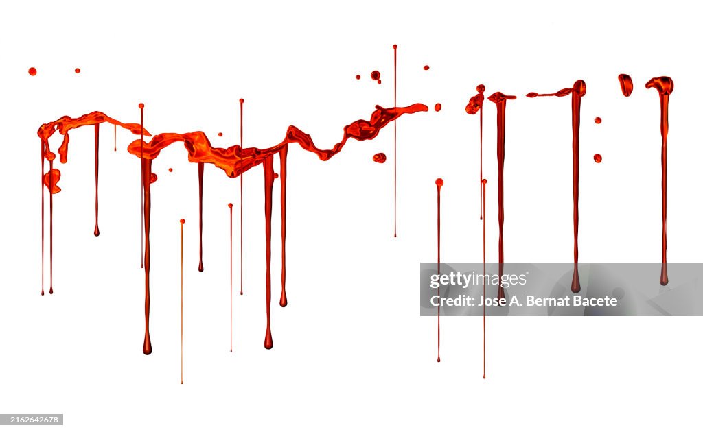 Drops and splatters of red paint drip and slide on a white wall.