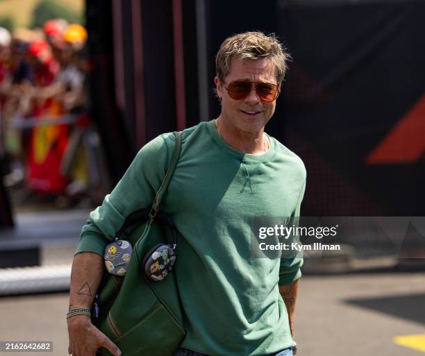 American actor Brad Pitt walks in the paddock during practice ahead of the F1 Grand Prix of Hungary at Hungaroring on July 19, 2024 in Budapest,...