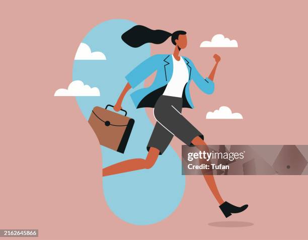 frau läuft mit aktentasche, gender barrier illustration, berufliche karriere, geschäftsfrau unterwegs, weibliche führung, work-life-balance, geschäftserfolg, unternehmensfrau - unternehmer stock-grafiken, -clipart, -cartoons und -symbole