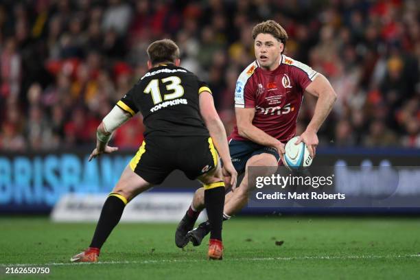 James O’Connor of the Reds passes the ball during the match between Queensland Reds and Wales at Suncorp Stadium on July 19, 2024 in Brisbane,...