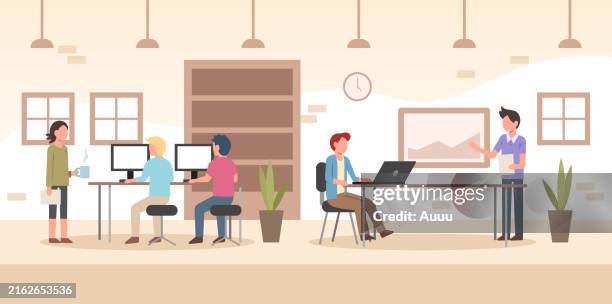 teamwork in co-working spaces - coworking stock illustrations