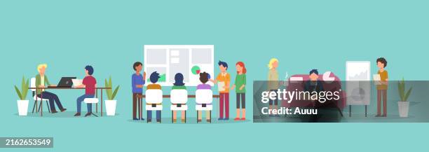 teamwork in co-working spaces - presentation stage stock illustrations