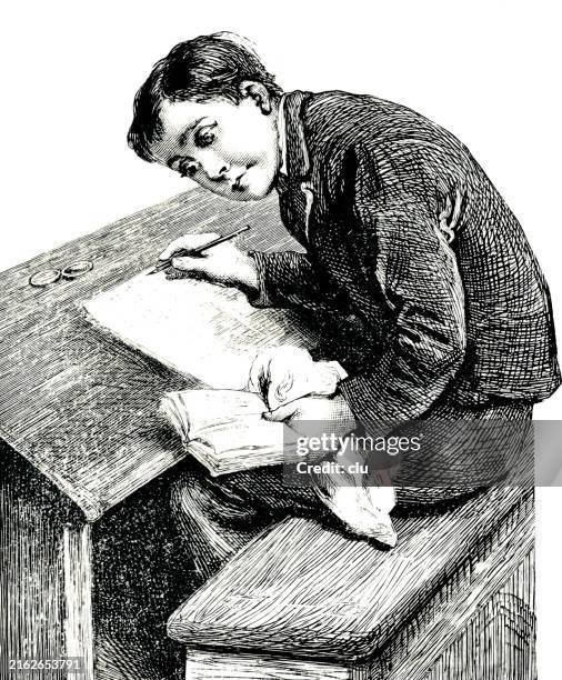 boy sitting at his desk at school and writing from a book - vintage school desks stock illustrations