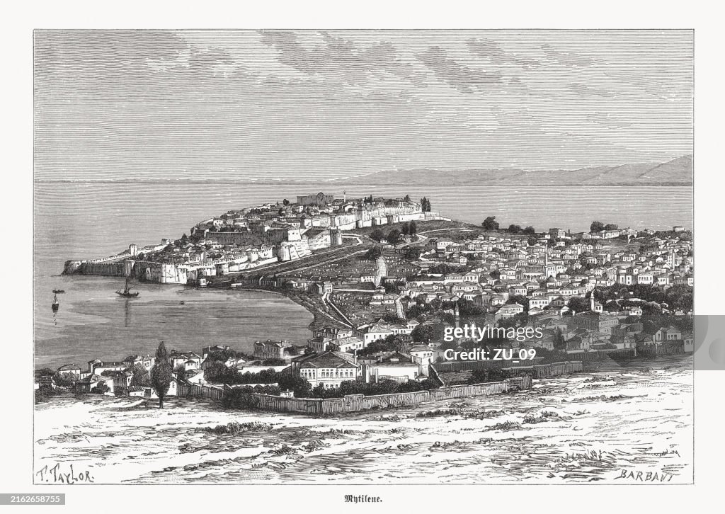 Historical view of Mitilene, Lesbos, Greece, wood engraving, published 1892