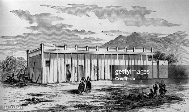 home of kit carson in taos, new mexico, 1860 - kit carson peak stock illustrations