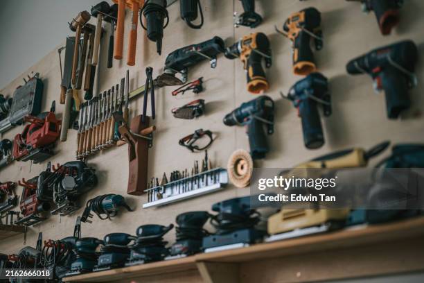 hand tools and workbench in carpentry workshop - arbetsverktyg bildbanksfoton och bilder