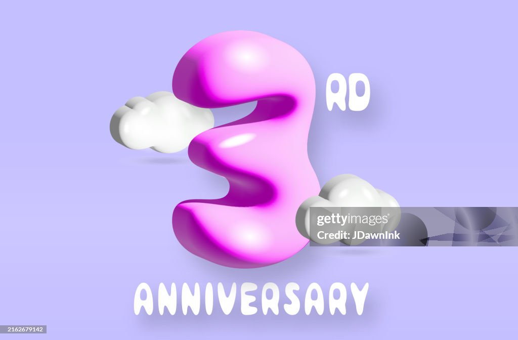 Retro Cute 3d Inflated Number 3rd Anniversary Design Template With ...
