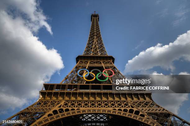 Photo shows the Olympic rings on the Eiffel Tower ahead of the Paris 2024 Olympic Games in Paris, on July 24, 2024.