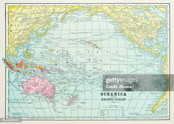 antique map of oceania (1899) - pacific ocean stock illustrations