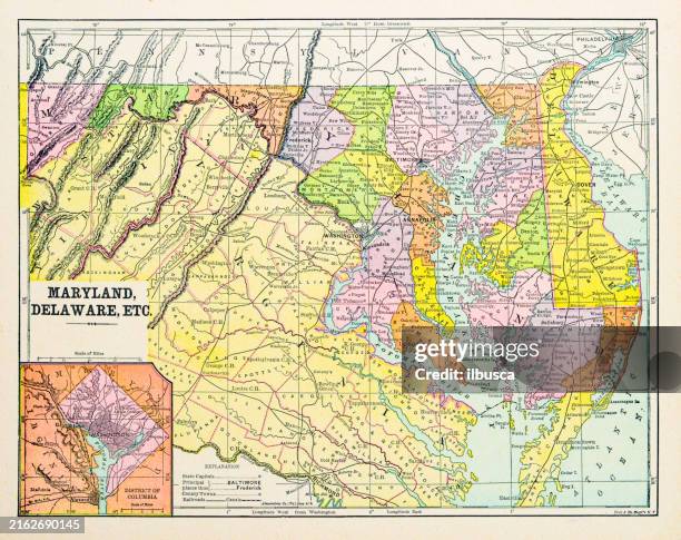 ilustrações de stock, clip art, desenhos animados e ícones de antique map of maryland, delaware, etc (1899) - maryland estado