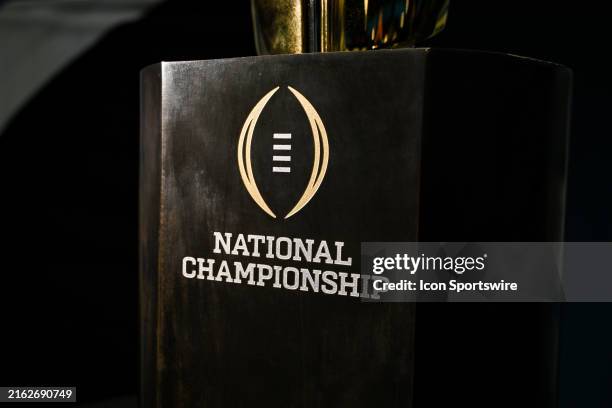 The College Football Playoff Championship Trophy during the 2024 Big Ten Media Days on July 24, 2024 at Lucas Oil Stadium in Indianapolis, IN.